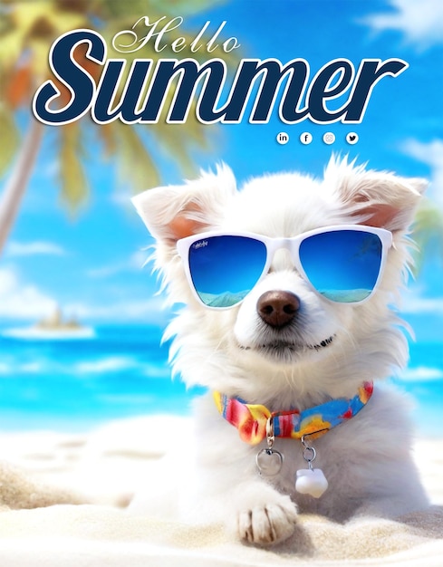 PSD poster de festa de verão com um cão bonito usando belos óculos de sol