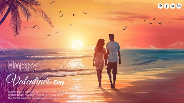 PSD poster de mídia social de feliz dia dos namorados casal na praia amor e cuidado