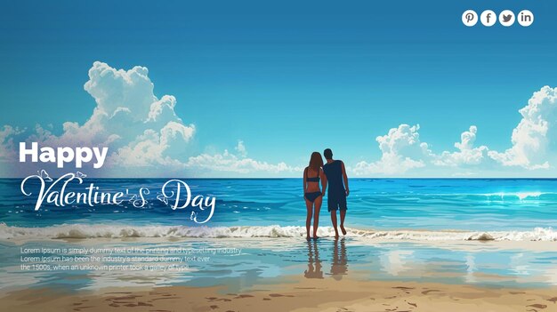 PSD poster de mídia social de feliz dia dos namorados casal na praia amor e cuidado