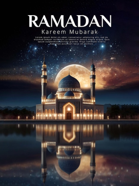 Poster del Ramadan con uno splendido sfondo di moschea con un bellissimo cielo notturno con le stelle che battono