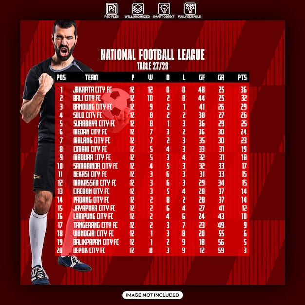 Poster della classifica della lega di calcio o modello di post sui social media