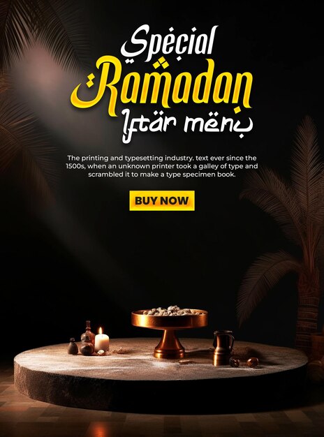 PSD poster de design de menu spécial du ramadan avec un podium 3d