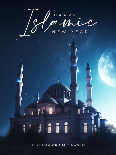 POSTER DI AUGURI DI CAPODANNO ISLAMICO con sfondo moschea e cielo notturno