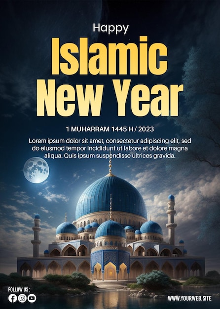 Poster di felice anno nuovo islamico PSD con uno splendido sfondo della luna della moschea e un'immagine ai creativa del cielo
