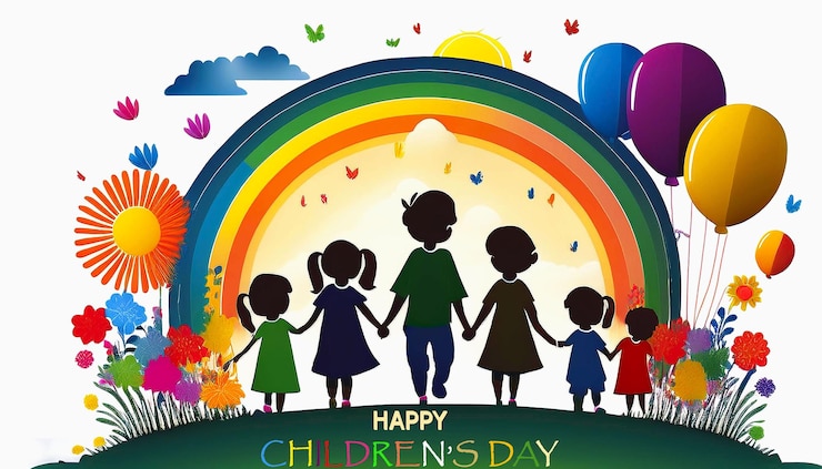 PSD poster di happy children's day con bambini che giocano davanti a un arcobaleno