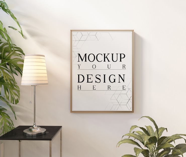 PSD poster di mockup nel moderno salotto bianco con fioriera e lampada da tavolo