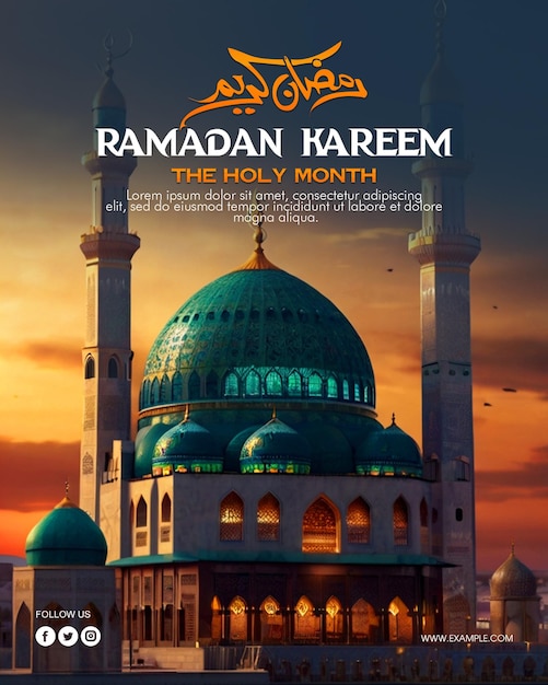 Poster di Ramadan kareem con foto di una bellissima moschea e modello di post sui social media di Ramadan