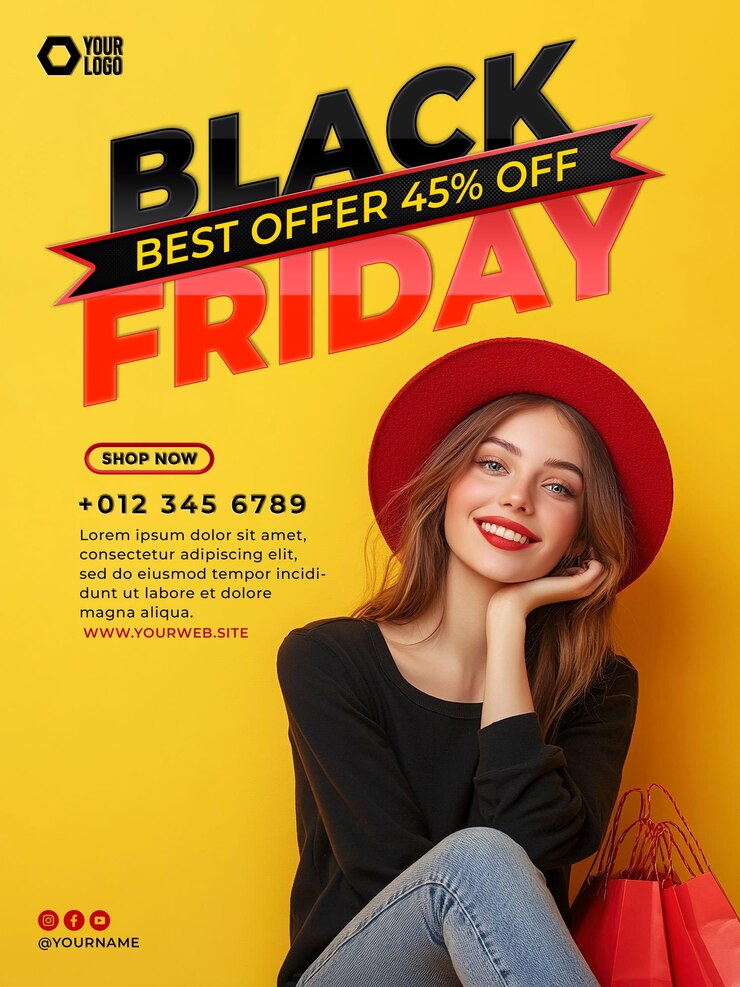 PSD poster di vendita del black friday sui social media con l'immagine di una donna in abiti casuali che tiene in mano una borsa della spesa