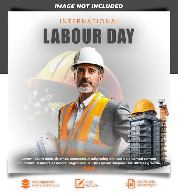 Poster del Día Internacional del Trabajo con arquitecto con chaleco de seguridad y casco duro para la promoción del Día del Trabajo