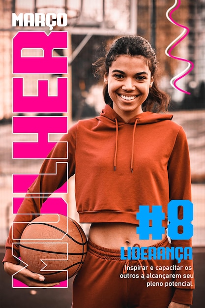 PSD poster del día de la mujer mujer que demuestra sus habilidades de baloncesto celebra el mes de la mujer guerrera woma