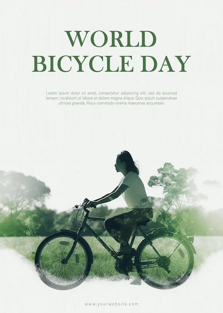 Un póster para el día mundial de la bicicleta con árboles y una bicicleta con texto de objeto inteligente editable