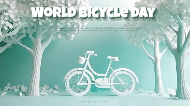 Un póster para el día mundial de la bicicleta con árboles y una bicicleta con texto de objeto inteligente editable