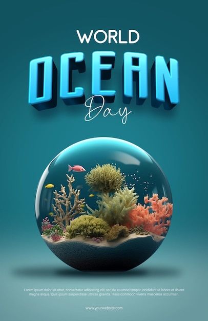 Un póster para el día del océano con una miniatura del océano con peces y corales dentro