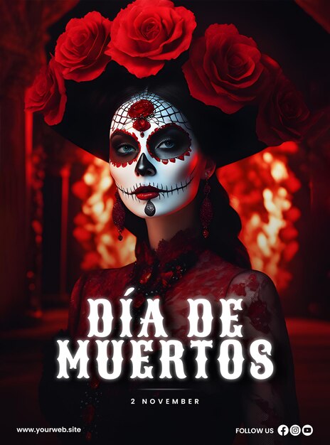 PSD pôster do dia de los muertos com fundo de uma jovem