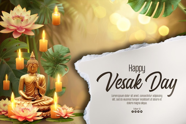 PSD poster do dia de vesak com uma estátua de buda e luz mágica como fundo