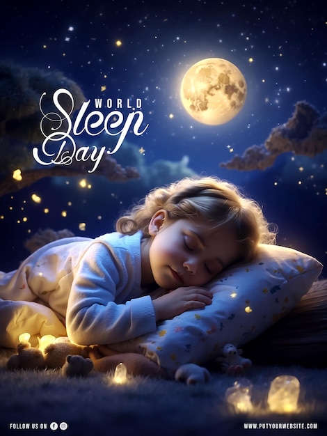 PSD poster do dia mundial do sono com um fundo de uma menina bonita dormir em uma noite tranquila e mágica