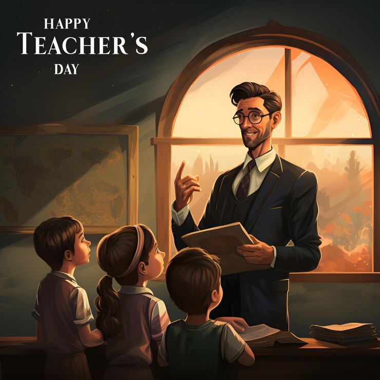 PSD poster do psd feliz dia do professor com uma foto de um professor ensinando seus alunos na aula