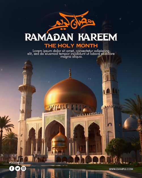 Poster do Ramadan Kareem com foto de uma bela mesquita e modelo de postagem de mídia social do Ramadan