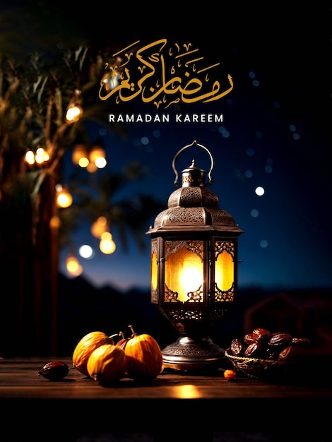 Poster do ramadan kareem com lanternas árabes dadas em uma mesa com um belo céu noturno