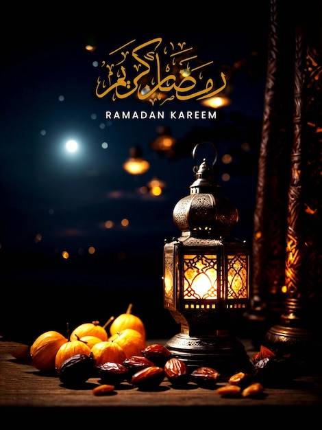 Poster do Ramadão Kareem com lanterna árabe em uma mesa com datas