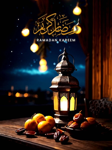 PSD poster du ramadan karim avec une lanterne arabe sur une table avec des dates