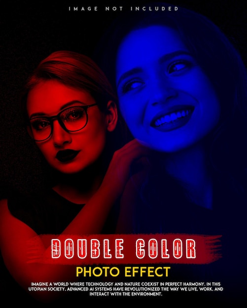 PSD póster con efecto fotográfico en movimiento de doble tono de color para dos mujeres con gafas que dicen doble color