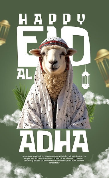 PSD un poster de eid al adha de ovejas con un turbante y una palmera