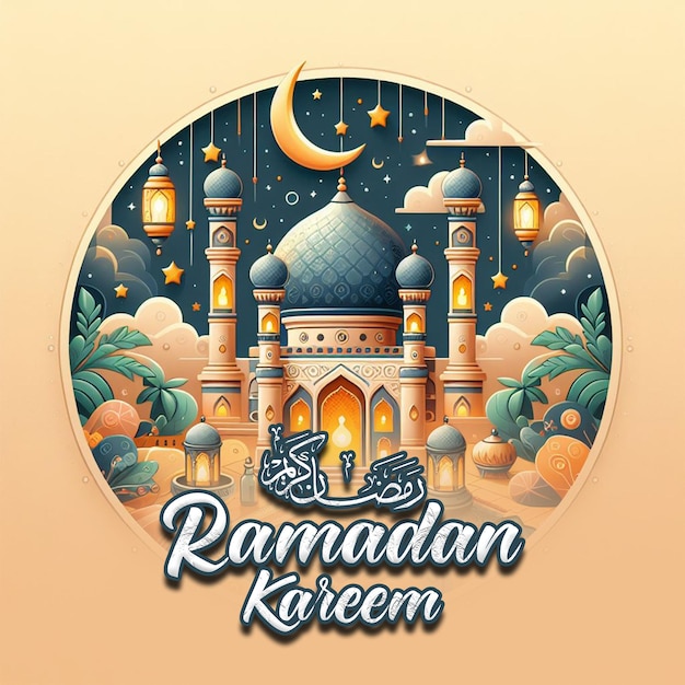 PSD poster de eid mubarak y ramadán kareem con fondo púrpura y luna creciente en las redes sociales