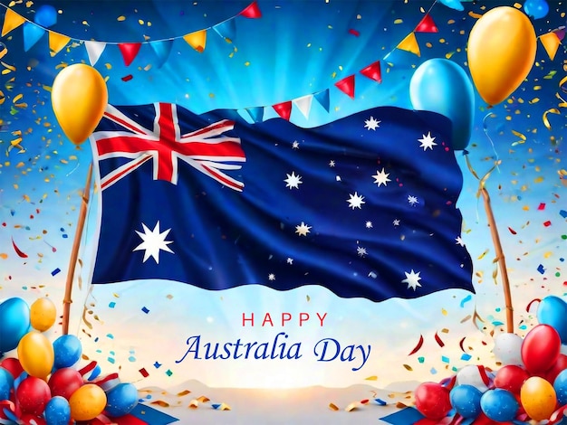 PSD poster de feliz día de australia con fondo de festones coloridos y confeti
