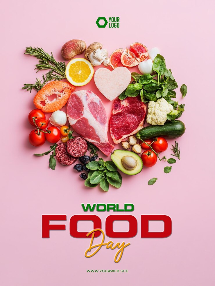 PSD poster del feliz día mundial de la alimentación con un fondo en forma de corazón de carne, frutas, verduras y especias