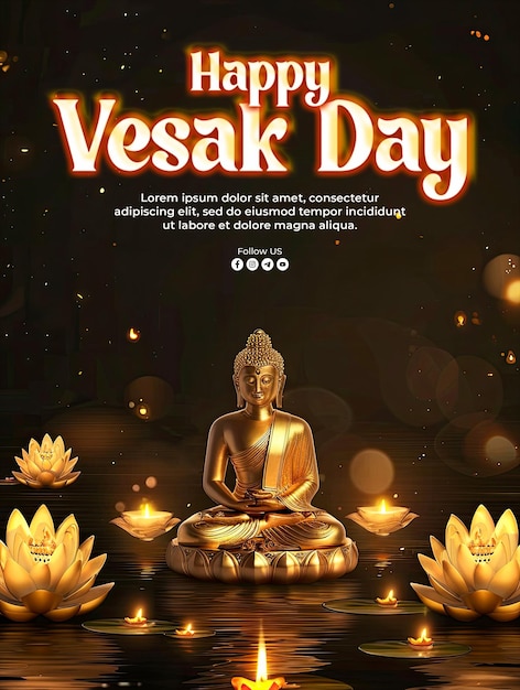 PSD póster feliz do feriado de vesak com um fundo de uma estátua de buda cheia de luz mágica