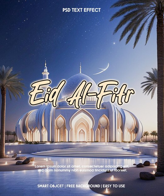 PSD poster de feliz eid al-fitr con un fondo de mezquita
