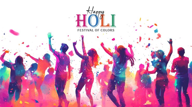 PSD poster del feliz festival indio de holi con un grupo de amigos jugando a holi