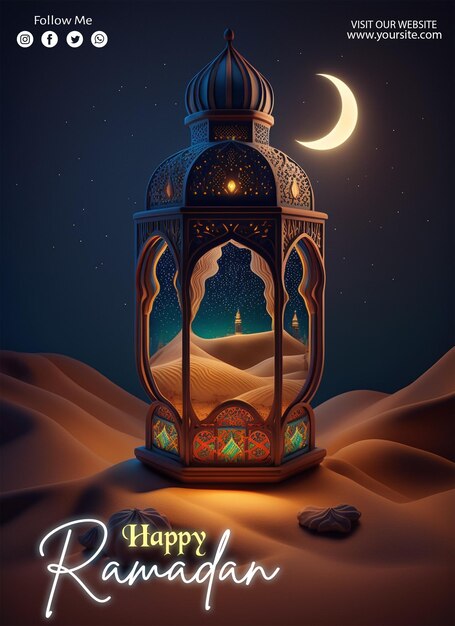 Poster de feliz ramadán con un fondo de linternas, luna y estrellas