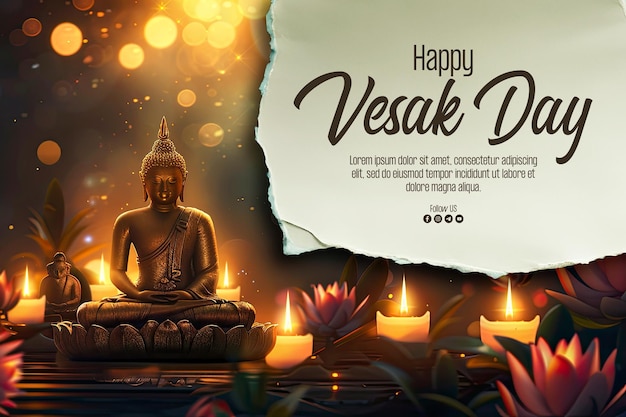 PSD poster de la fête du vesak avec une statue de bouddha et une lumière magique en arrière-plan