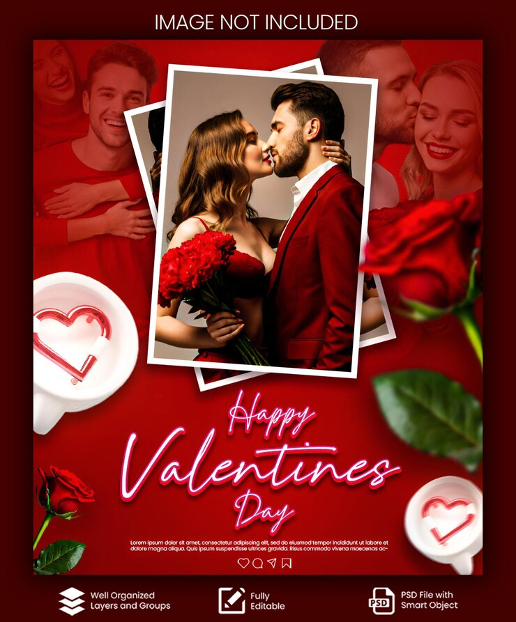 PSD poster de fête de la saint-valentin avec une carte de vœux pour le couple