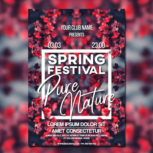 PSD poster de fleurs du festival de musique de printemps de psd avec un cadre lumineux