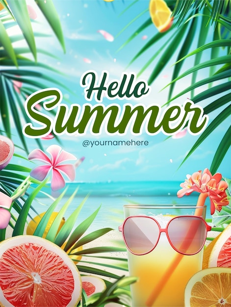 PSD a poster for a summer beach with glasses and a tropical drink