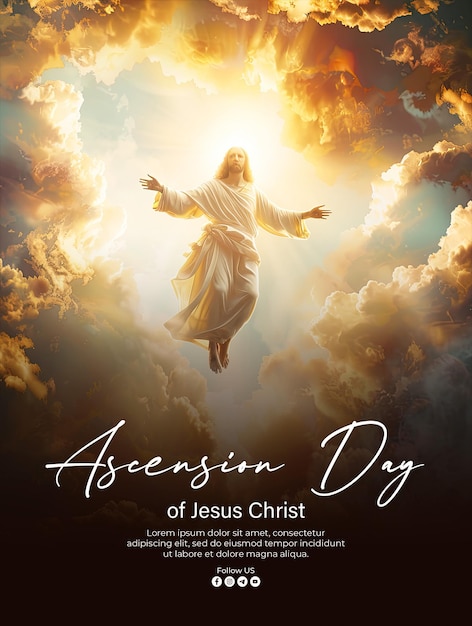 PSD poster for the ascension day of jesus christ with the background of jesus ascending into the sky