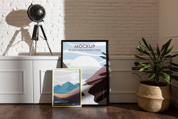 Poster frame mock-up with interior home decor