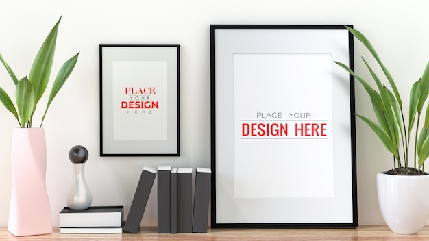 Poster frame mockup an der wand mit pflanze