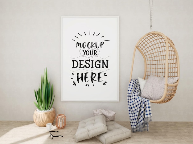 Poster frame mockup an der wand mit pflanze