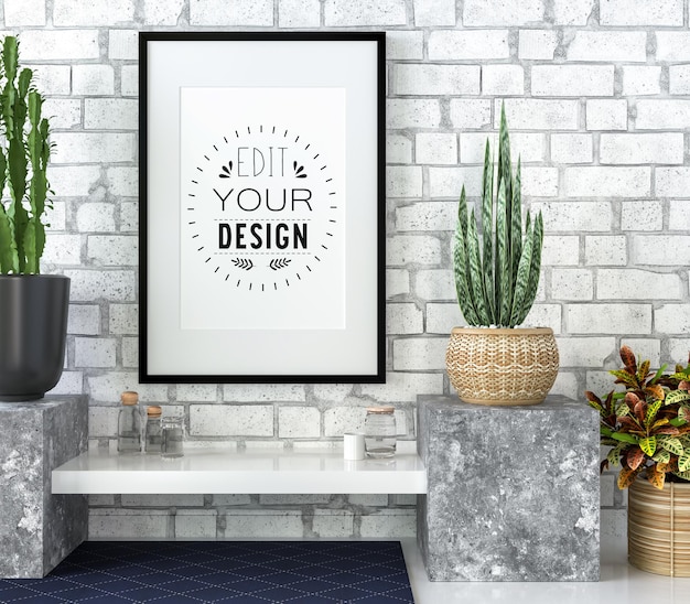 Poster frame mockup an der wand mit pflanze