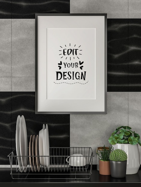 Poster frame mockup interior en una cocina