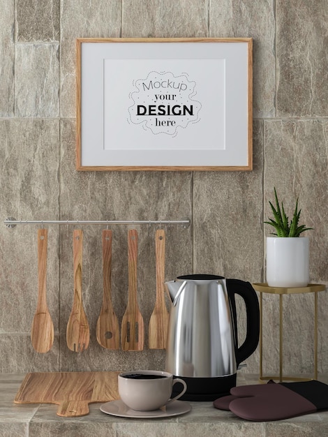 PSD poster frame mockup interior en una cocina