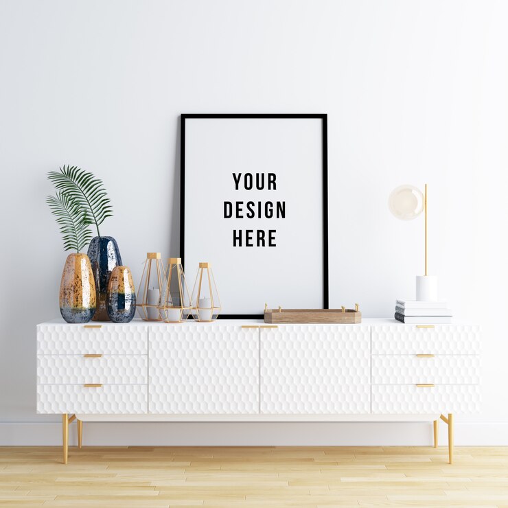 PSD poster frame mockup interior com decorações