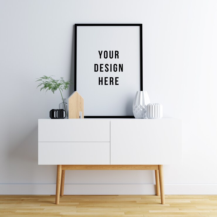 PSD poster frame mockup interior com decorações