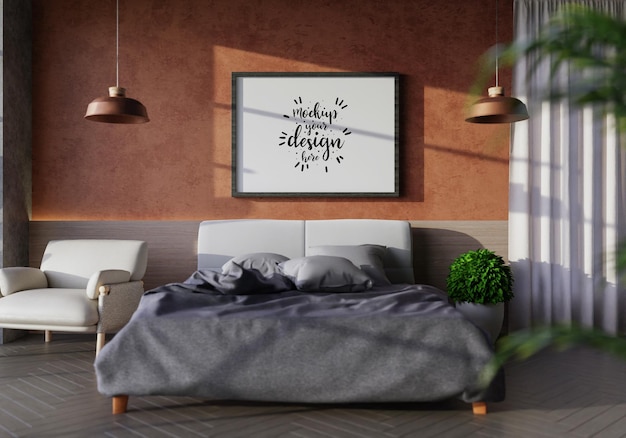 Poster Frame Mockup interior en un dormitorio