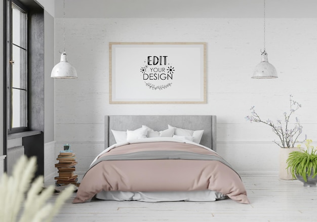 Poster Frame Mockup interior en un dormitorio