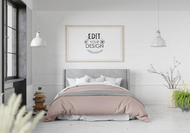 Poster frame mockup interior en un dormitorio